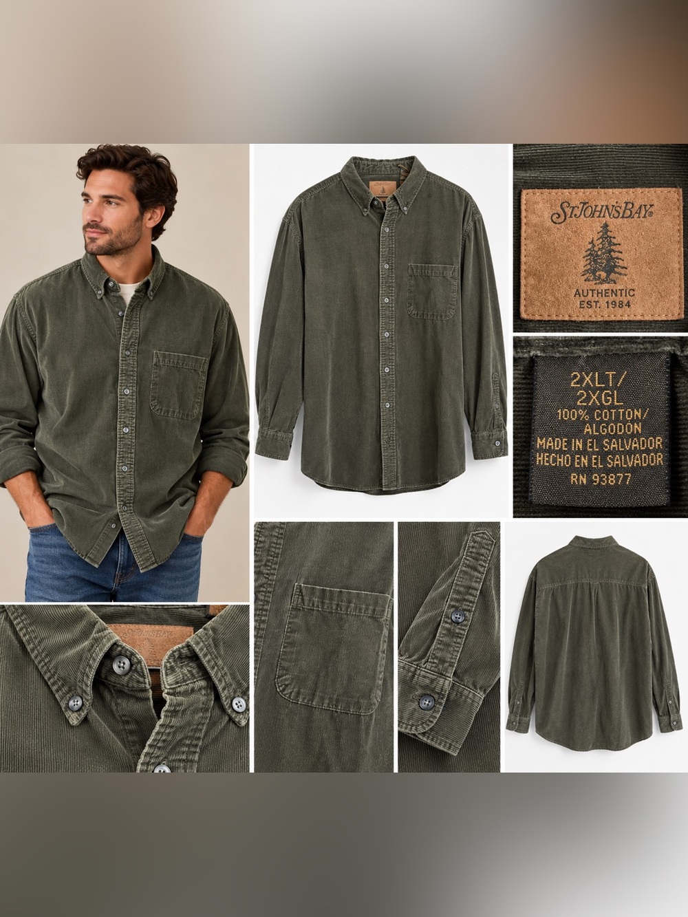 St. John’s Bay Men’s 2XL Deep Olive Green Corduroy Button Down 100% Cotton